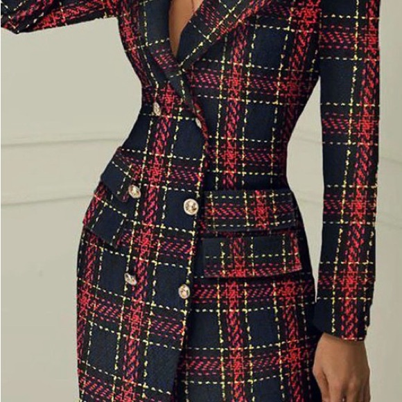 Plaid Women's Blazer Dress - Red and Navy - Picture 5 of 10